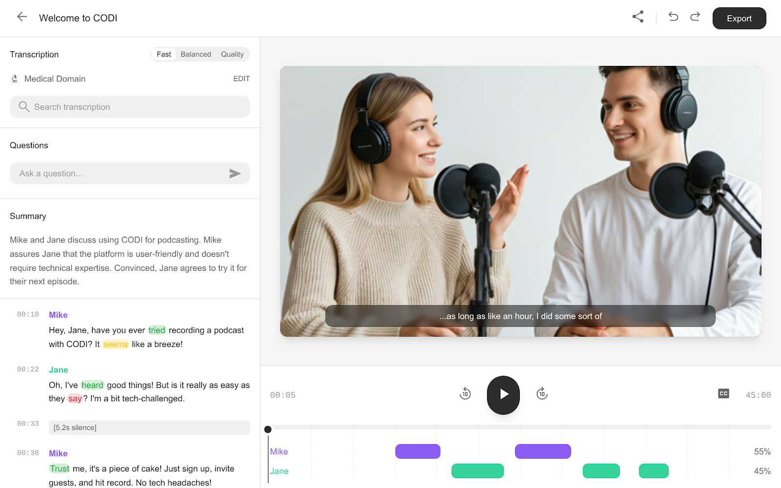 CodiCortex video transcription interface showing real-time editing, speaker labels, and transcript analysis